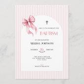 Pink Bow Striped Baptism Invitation for Girls Einladung (Vorderseite)