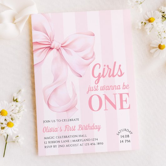 Pink Bow Stripes First Birthday Einladung