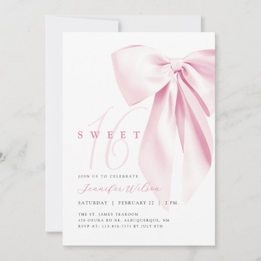 Pink Bow Sweet 16 Geburtstag Einladung (Vorderseite)