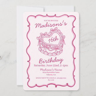 Pink Bow Sweet 16 Heart Coquette Cake Geburtstag Einladung