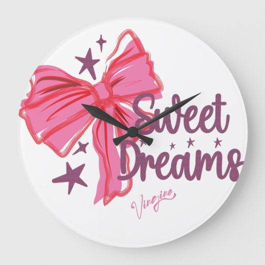 Pink Bow "Sweet Dreams" Glitzer Typografie Große Wanduhr (Vorderseite)