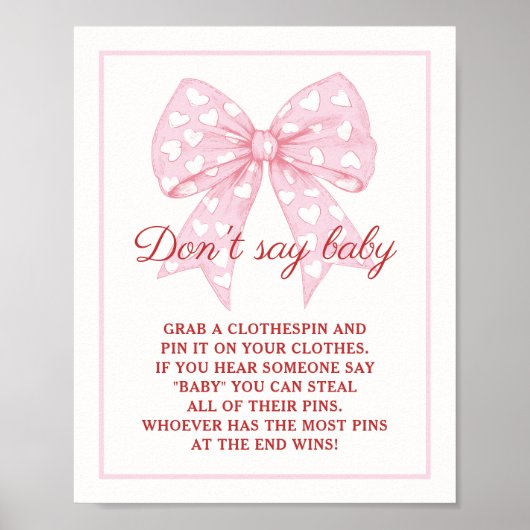 Pink Bow Sweetheart Baby Shower Say Baby nicht Poster (Vorne)