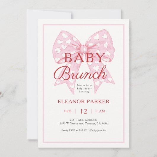 Pink Bow Sweetheart Babydusche Brunch Einladung (Vorderseite)