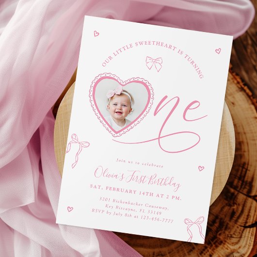 Pink Bow Sweetheart First Birthday Invitation Einladung