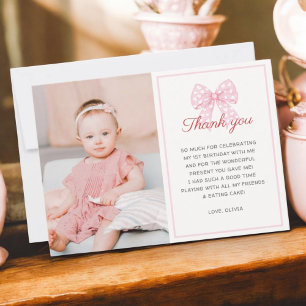 Pink Bow Sweetheart ist ein Mädchen 1. Geburtstag  Dankeskarte