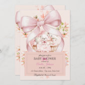 Pink Bow Teddy Bear and Airplane Watercolor Tees Einladung (Vorne/Hinten)