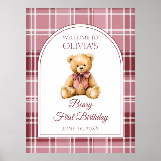 Pink Bow Teddy Bear Birthday Welcome Sign Poster (Vorne)
