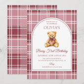Pink Bow Teddy Bear Tartan Birthday Einladung (Vorne/Hinten)