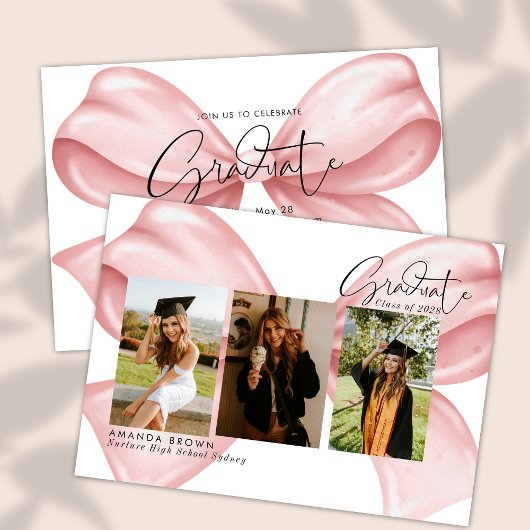 Pink Bow Three Photo Graduation 2025 Invitation Einladung