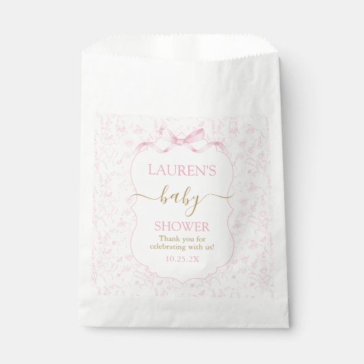Pink Bow Toile Bear Baby Shower Girl Geschenktütchen (Vorderseite)
