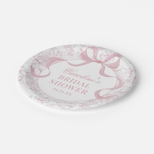 Pink Bow Toile Brautparty Papier Teller (Schrägansicht)