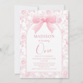 Pink Bow Toile Chinoiserie 1. Geburtstag Einladung (Vorderseite)