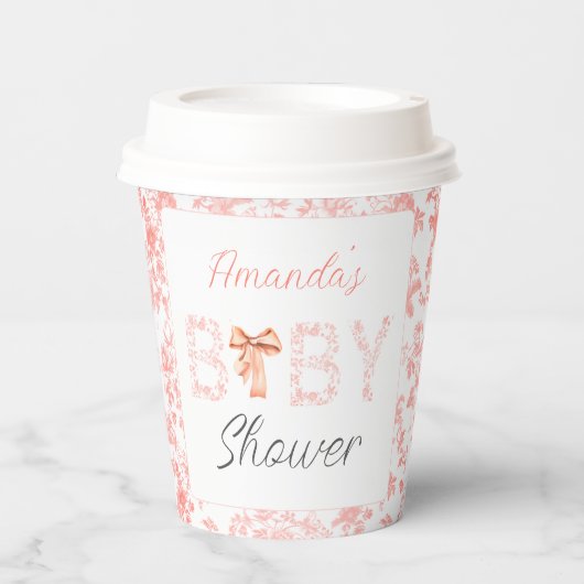 Pink Bow Toile de Jouy Floral Baby Dusche Pappbecher (Vorderseite)