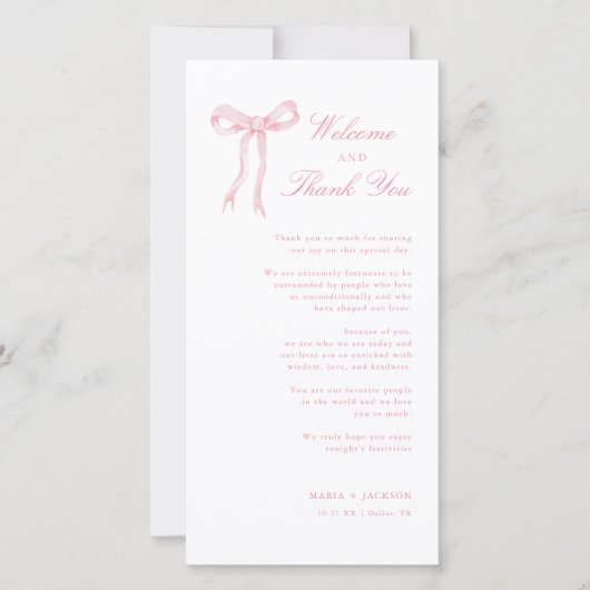 Pink Bow Toile Willkommen und danke Platzkarte (Vorderseite)