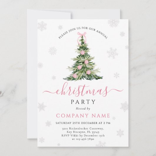 Pink Bow Traditional Tree Christmas Party Einladung (Vorderseite)