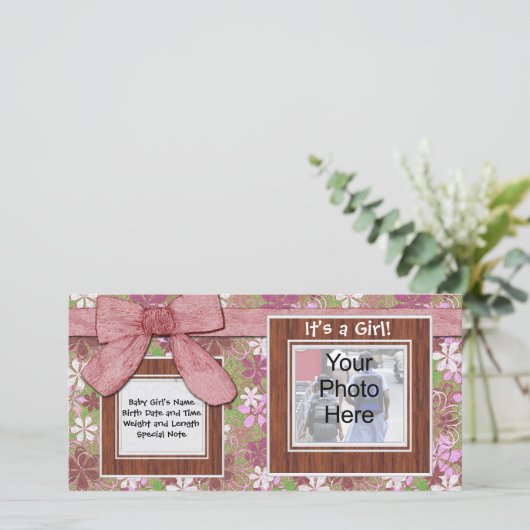 Pink Bow und Blume benutzerdefinierte Fotokarte Ankündigung (Stehend Vorderseite)