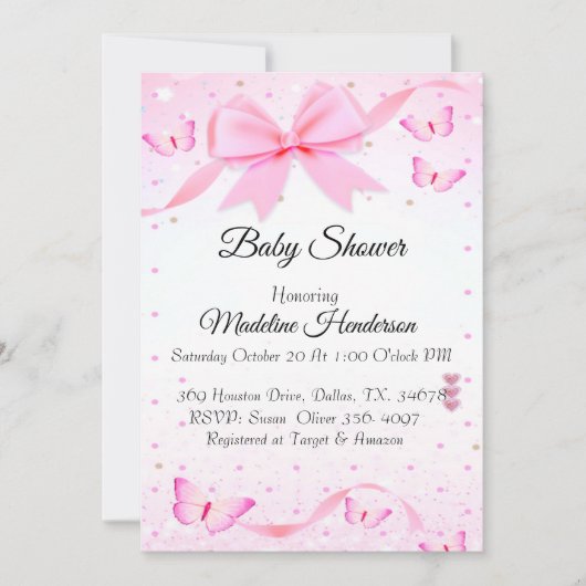Pink Bow und Butterfetts Mädchen Babydusche Einladung (Vorderseite)