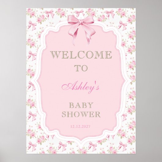 Pink Bow und Floral Girl Baby Dusche Willkommen Poster (Vorne)
