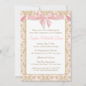 Pink Bow und Gold Damask Erste Kommune Einladung (Vorderseite)