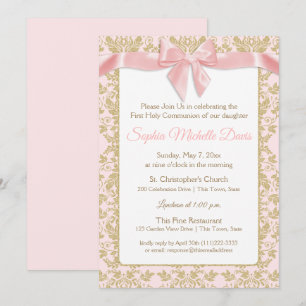 Pink Bow und Gold Damask Erste Kommune Einladung
