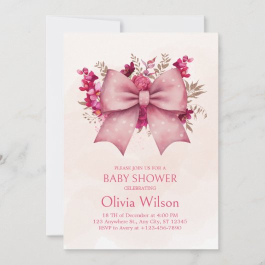Pink Bow und hübsche Blütendusche Einladung (Vorderseite)