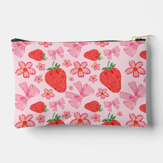 Pink Bow und Strawberry Girly Pattern Monogram Zubehörtasche (Rückseite)