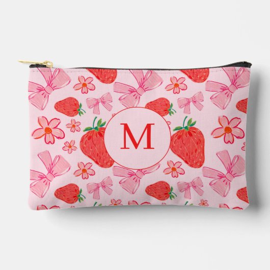 Pink Bow und Strawberry Girly Pattern Monogram Zubehörtasche (Vorderseite)