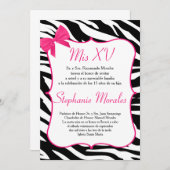 Pink Bow und Zebra Quinceanera Birthday Einladung (Vorne/Hinten)