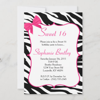 Pink Bow und Zebra Sweet 16 Geburtstag Einladung