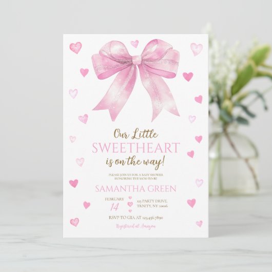 Pink Bow Valentine Baby Dusche Einladung (Stehend Vorderseite)