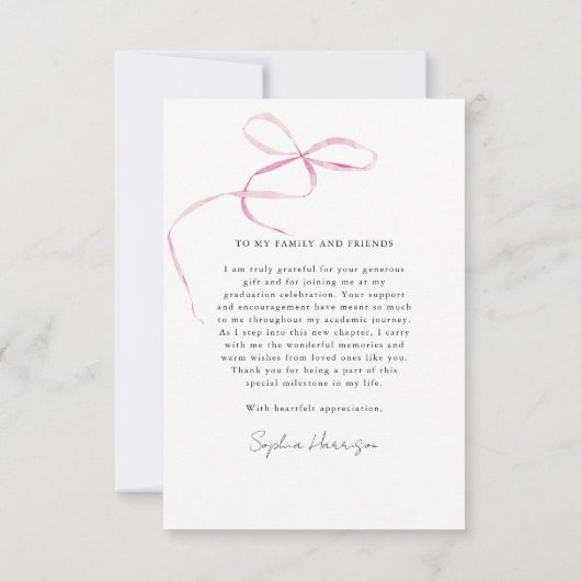 Pink Bow Vertical Script Abschluss Dankeskarte (Rückseite)