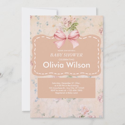 Pink Bow Vintag Boho Babydusche Einladung (Vorderseite)