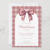 Pink Bow Vintag Gingham Girl Einladung (Vorderseite)