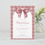 Pink Bow Vintag Gingham Girl Einladung (Stehend Vorderseite)