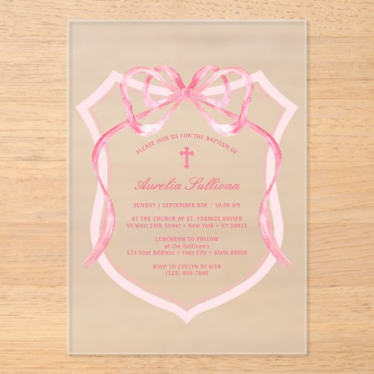 Pink Bow Wappen Taufe Acryleinladungen (Vorderseite)