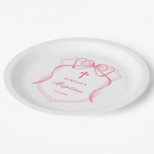 Pink Bow Wappen Taufe Pappteller (Schrägansicht)