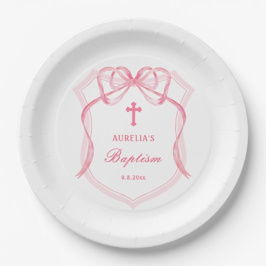 Pink Bow Wappen Taufe Pappteller (Vorderseite)