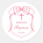Pink Bow Wappen Taufe Runder Aufkleber (Vorderseite)
