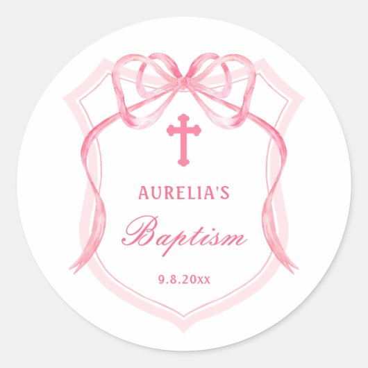 Pink Bow Wappen Taufe Runder Aufkleber (Vorderseite)