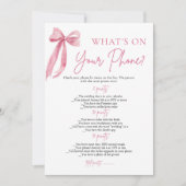 Pink Bow Was ist auf deinem Handy Brautparty Game? Einladung (Vorderseite)