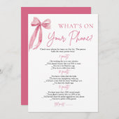 Pink Bow Was ist auf deinem Handy Brautparty Game? Einladung (Vorne/Hinten)