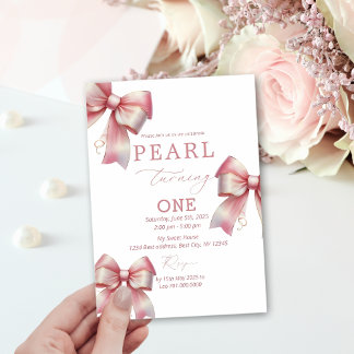 Pink Bow Wasserfarbe 1. Geburtstag Einladung