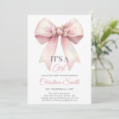 Pink Bow Wasserfarbe Rosa Pink Baby Girl Dusche Einladung (Stehend Vorderseite)