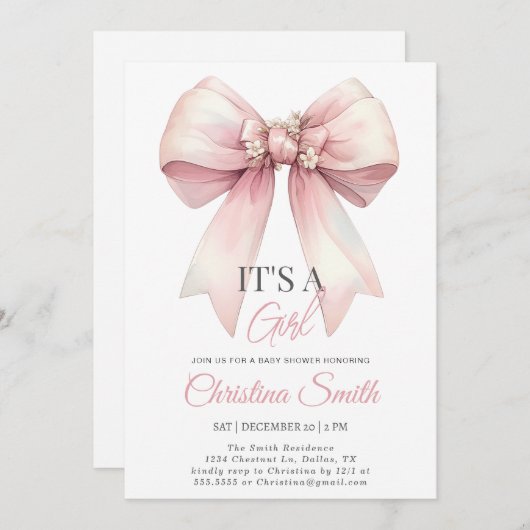 Pink Bow Wasserfarbe Rosa Pink Baby Girl Dusche Einladung (Vorne/Hinten)