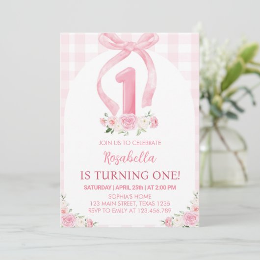 Pink Bow Watercolor Einladung zum ersten Geburtsta (Stehend Vorderseite)