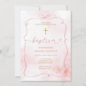Pink Bow Watercolor Girl Christening Taufe Einladung (Vorderseite)