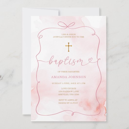 Pink Bow Watercolor Girl Christening Taufe Einladung (Vorderseite)