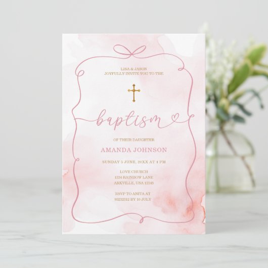 Pink Bow Watercolor Girl Christening Taufe Einladung (Stehend Vorderseite)