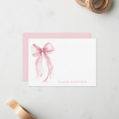 Pink Bow Watercolor Girls Monogram Mitteilungskarte (Vorderseite/Rückseite Beispiel)