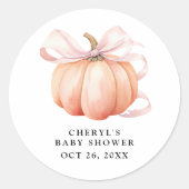 Pink Bow Watercolor Pumpkin Baby Dusche Runder Aufkleber (Vorderseite)